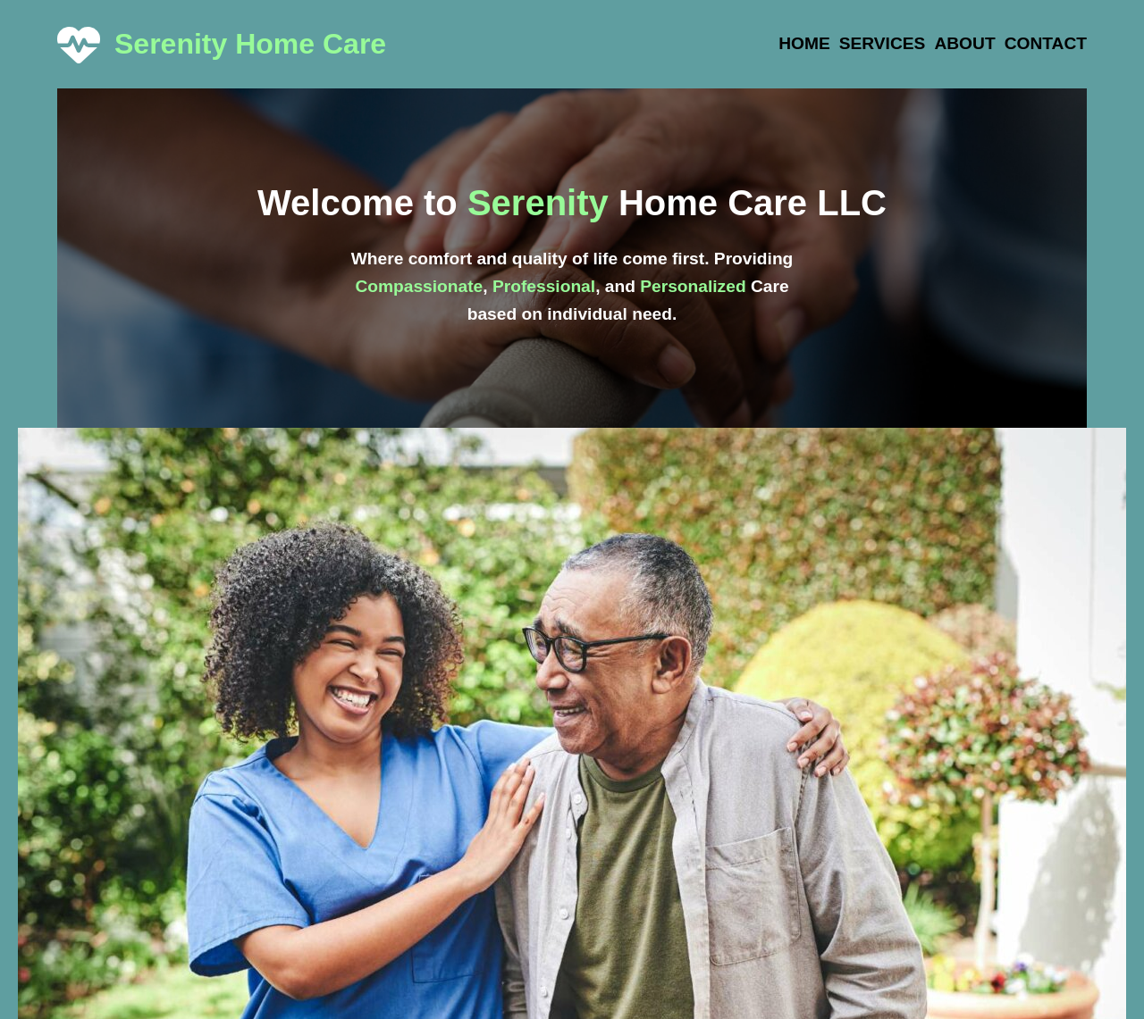 Screenshot of the home page of the serenity Home care website.